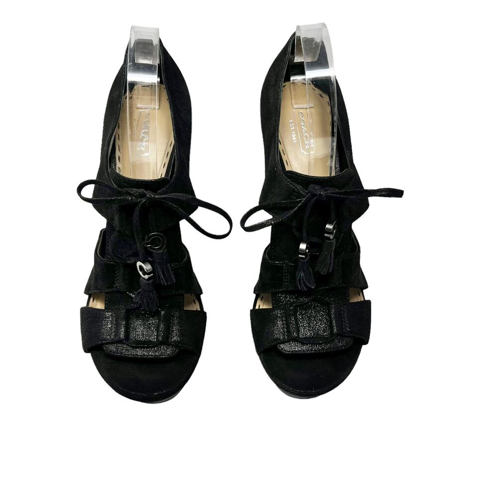 Coach Teagan Shimmer Leather Heeled Sandal Black Lace Up Size 10
